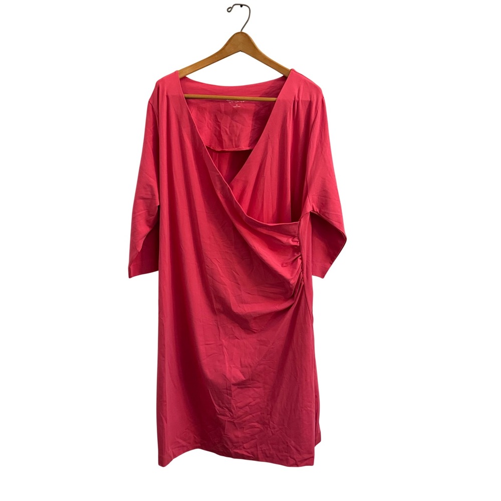Soft Surroundings Pink Faux Wrap Dress 2X Cotton Spandex 3/4 Sleeve Ruched 57517